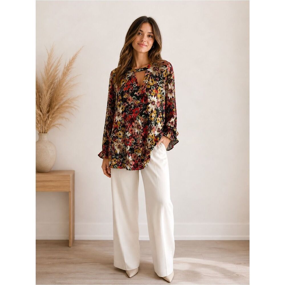 Anthropologie Umgee Floral Keyhole Tunic Blouse - Black, Red, Yellow, Cream